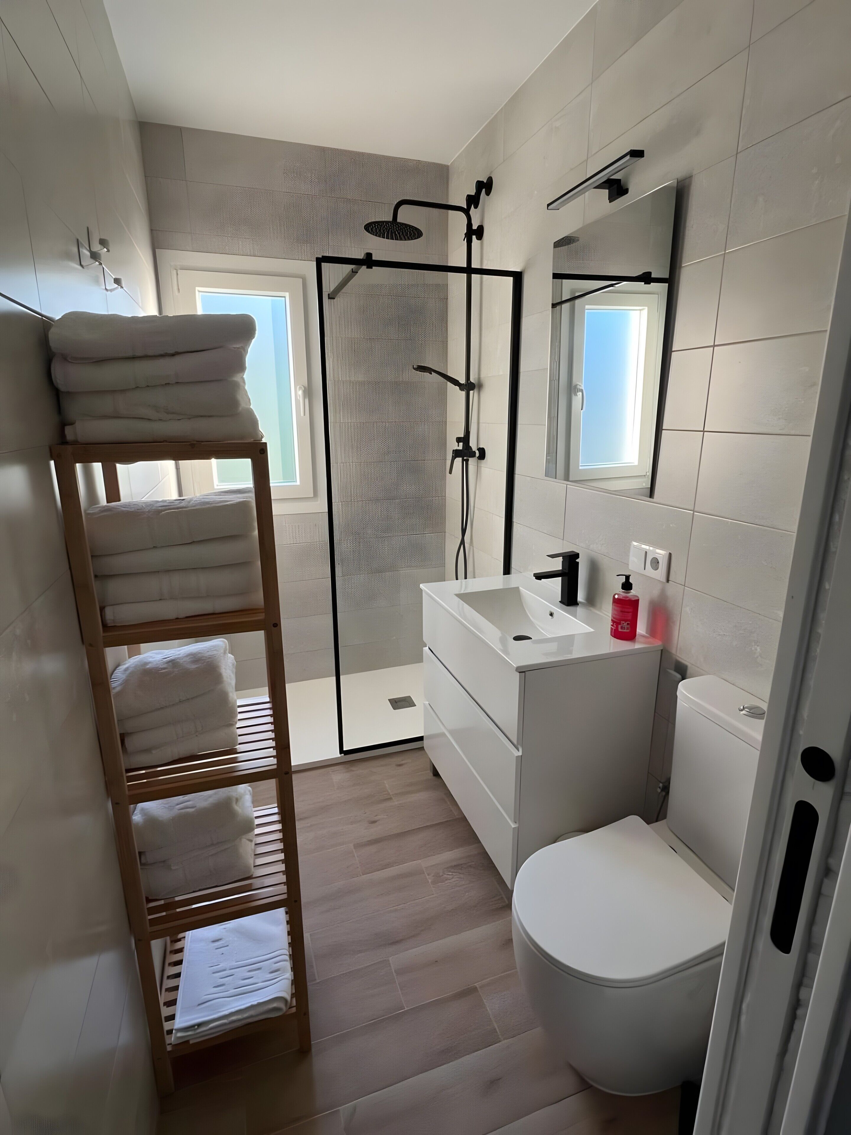 Shower, hair dryer, towels