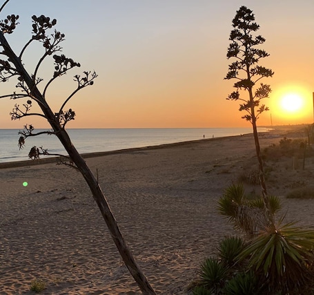 A beach with a sunset, sand, and sparse vegetation.. Mobile Home 'Casa Mobile 1' with Shared Garden and Wi-Fi