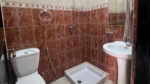 Une salle de bain avec des toilettes, une douche et un lavabo.