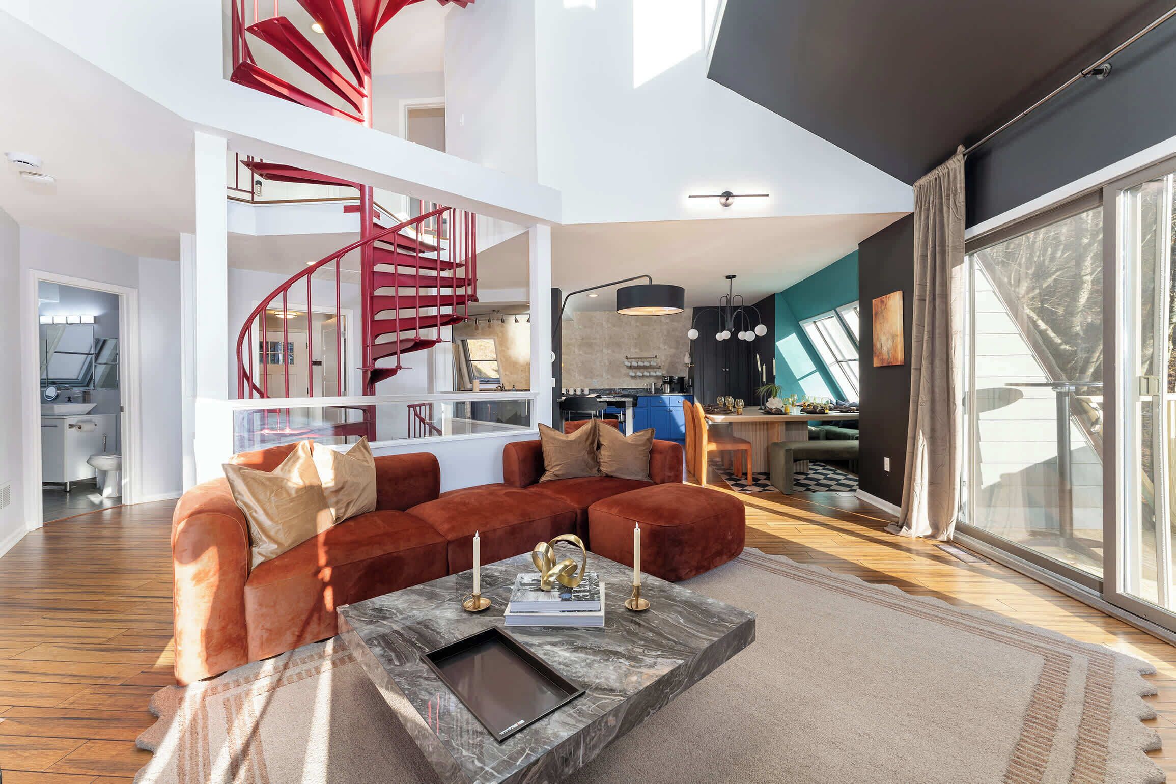 TV, fireplace, foosball, offices