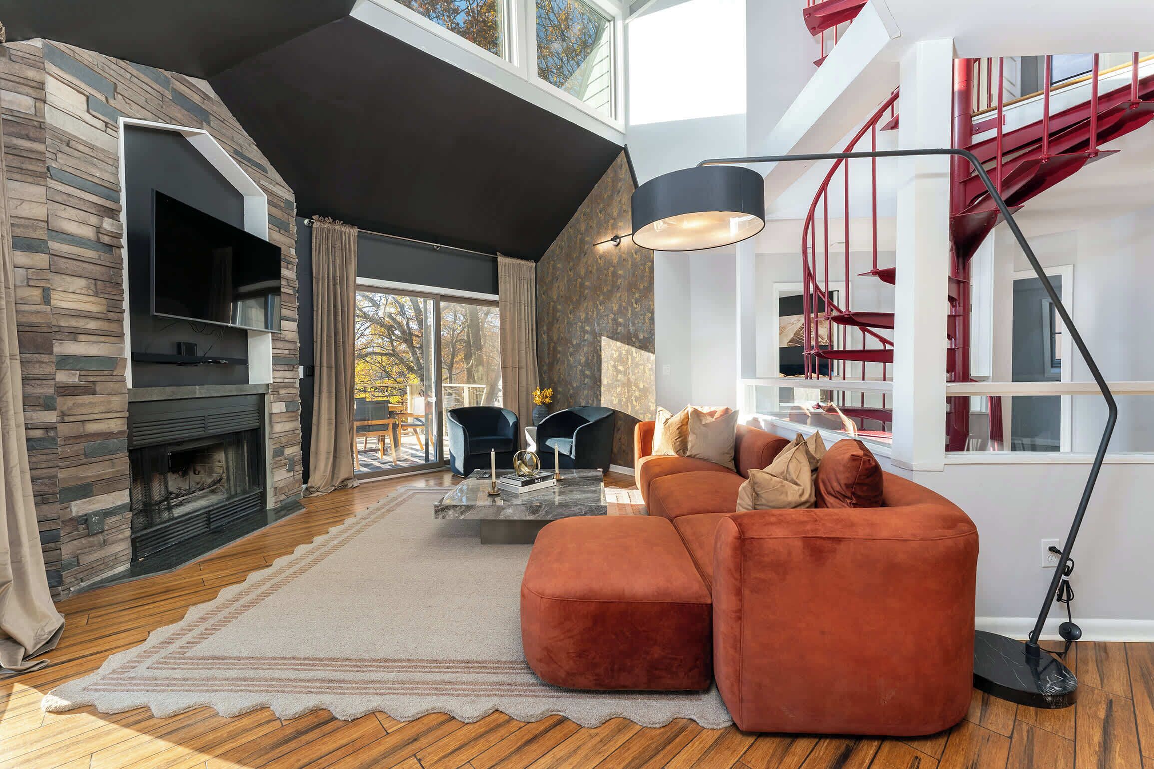 TV, fireplace, foosball, offices
