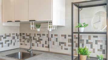 Fridge, microwave, stovetop, coffee/tea maker