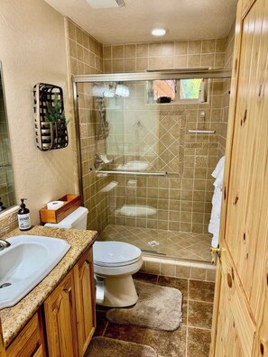 Une salle de bain avec une douche à parois de verre, des toilettes et un lavabo.