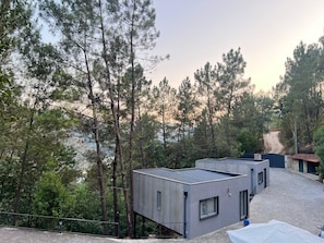 Un bâtiment moderne doté d’un toit en pente, entouré d’une dense forêt de pins.