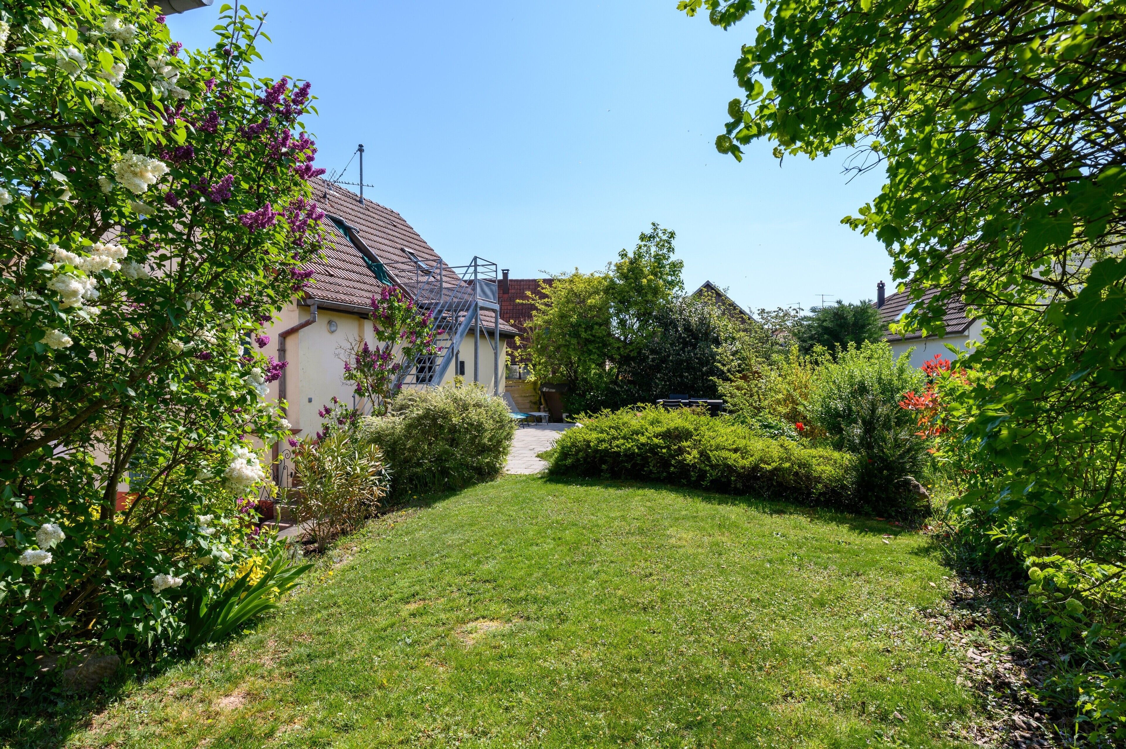 A residential garden with a pathway leading to a house with a tiled roof.