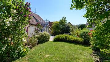 A residential garden with a pathway leading to a house with a tiled roof.