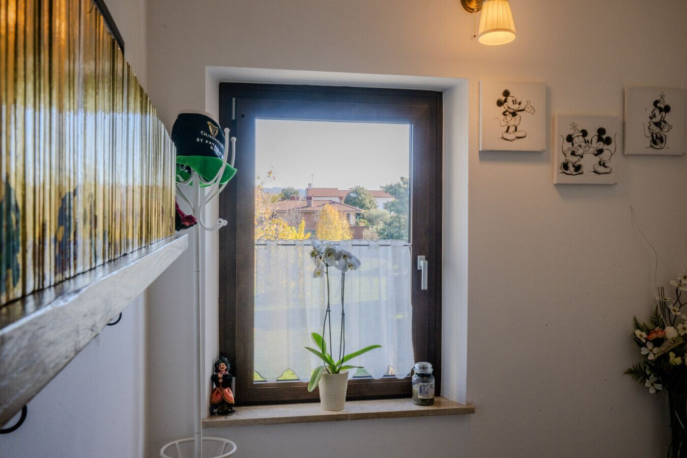 A window with a view of a fence and trees, a small shelf with a plant and a bottle, and Mickey Mouse artwork on the wall.