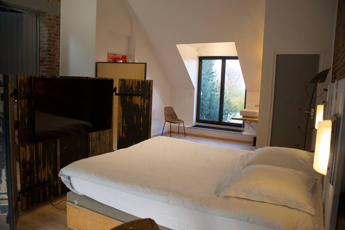 A bedroom with a large bed, a TV, a chair, and a window.