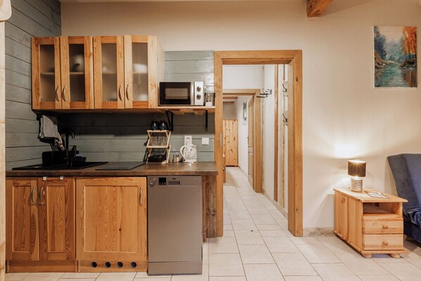 Apartment, Balcony, Lake View | Private kitchen | Fridge, microwave, stovetop, dishwasher