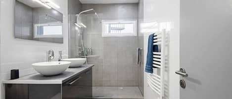 Shower, hair dryer, towels