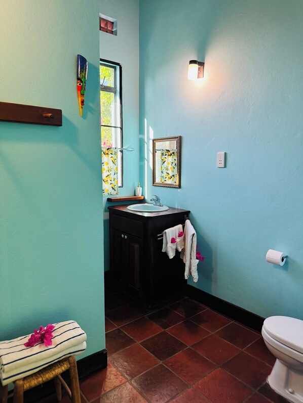 Un baño con lavamanos, espejo, inodoro y ventana con cortinas.