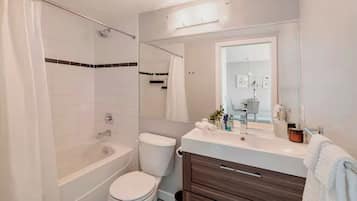 Hair dryer, towels, soap, toilet paper