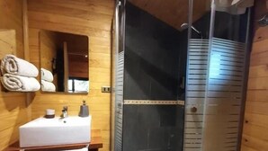 A wooden cabin bathroom with a sink, mirror, and shower. - Estación Benedicto (Curacautin)
