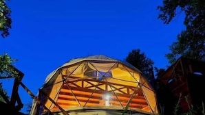 A geodesic dome structure with a central light source, surrounded by natural vegetation. - Estación Benedicto (Curacautin)