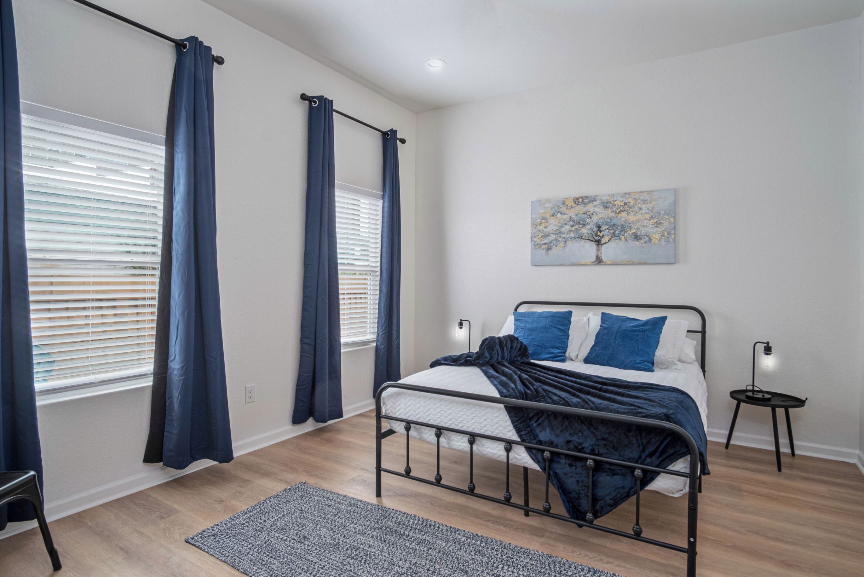 A bedroom with a bed, curtains, a painting, a nightstand, and a rug.
