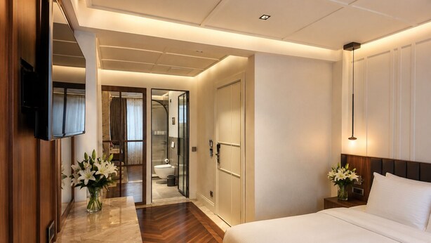 A hotel room with a bed, bedside table, TV, and a bathroom visible through an open door. - alaturka mansion (İstanbul)
