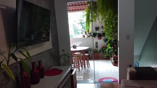 Un soggiorno con televisore, divano e zona pranzo con sedie e tavolo. Sono presenti piante in vaso e una finestra con vista su del verde.