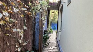 Un étroit sentier bordé d’un mur couvert de plantes grimpantes et d’un bâtiment à la façade bleue.