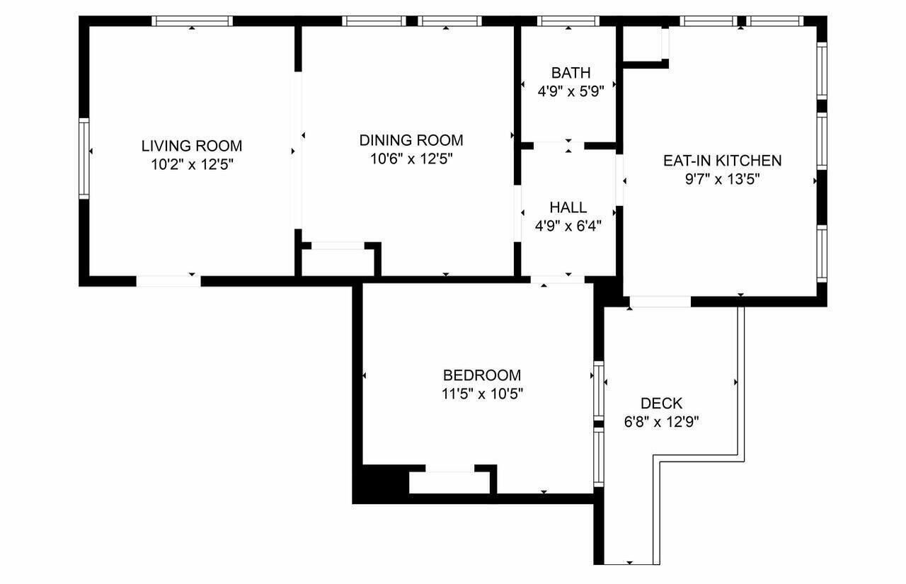Plano de planta que muestra una sala de estar, comedor, baño, cocina, dormitorio, pasillo y terraza.