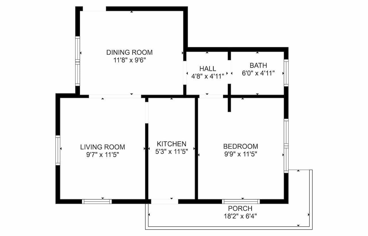 En plantegning af et hus med spisestue, stue, køkken, soveværelse, badeværelse, hall og veranda.