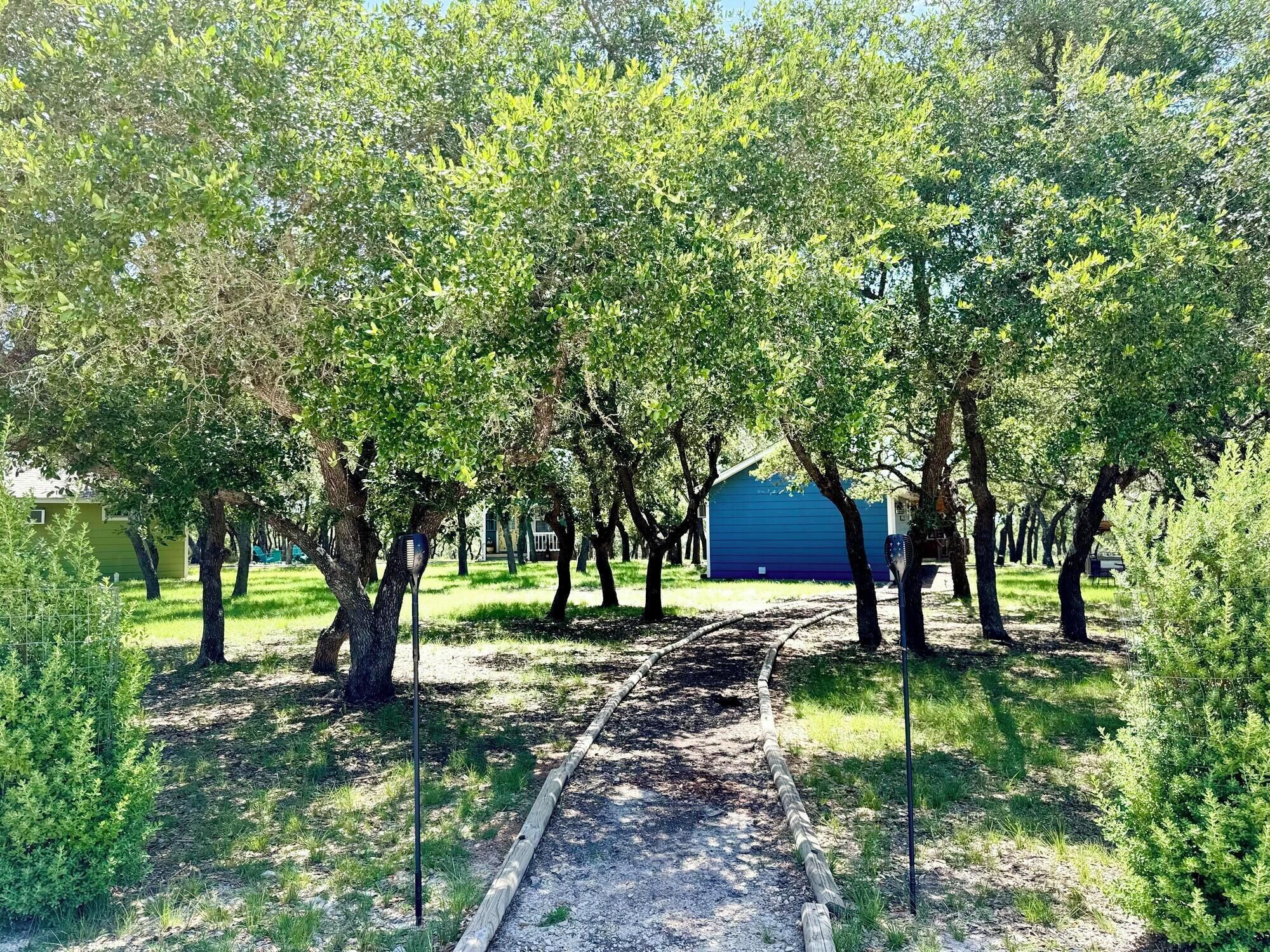 Un sentier traverse un jardin bordé d’arbres, avec un bâtiment bleu en arrière-plan.