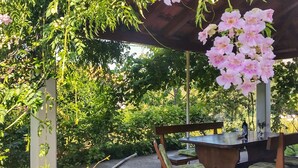 Un espace extérieur aménagé en terrasse, avec une table et des chaises en bois, entouré d’une végétation luxuriante et de plantes en fleurs.