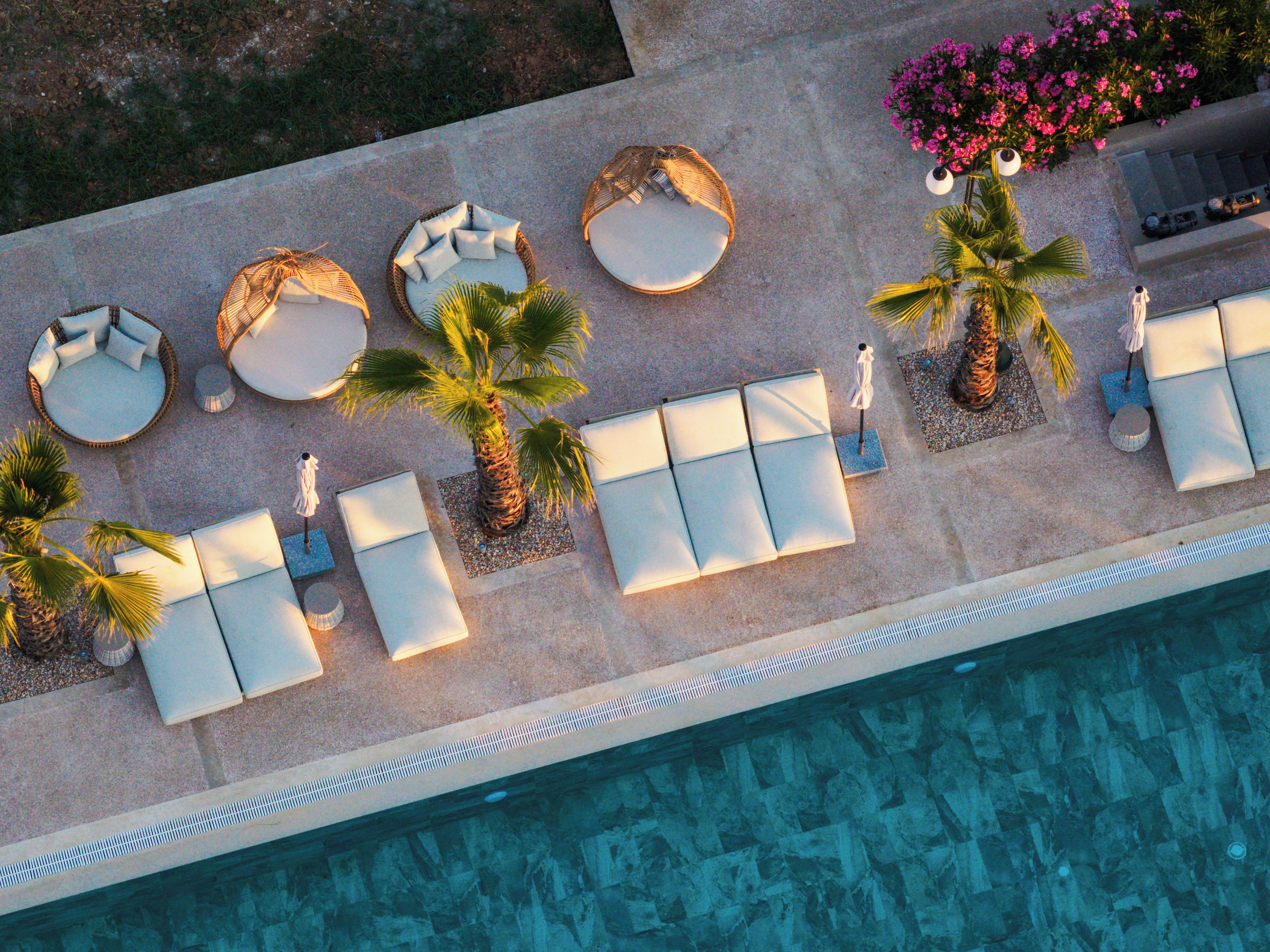 An aerial view of a poolside area with sun loungers, palm trees, and a flower bed.