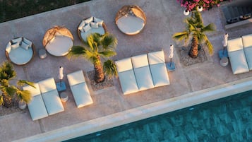 An aerial view of a poolside area with sun loungers, palm trees, and a flower bed.