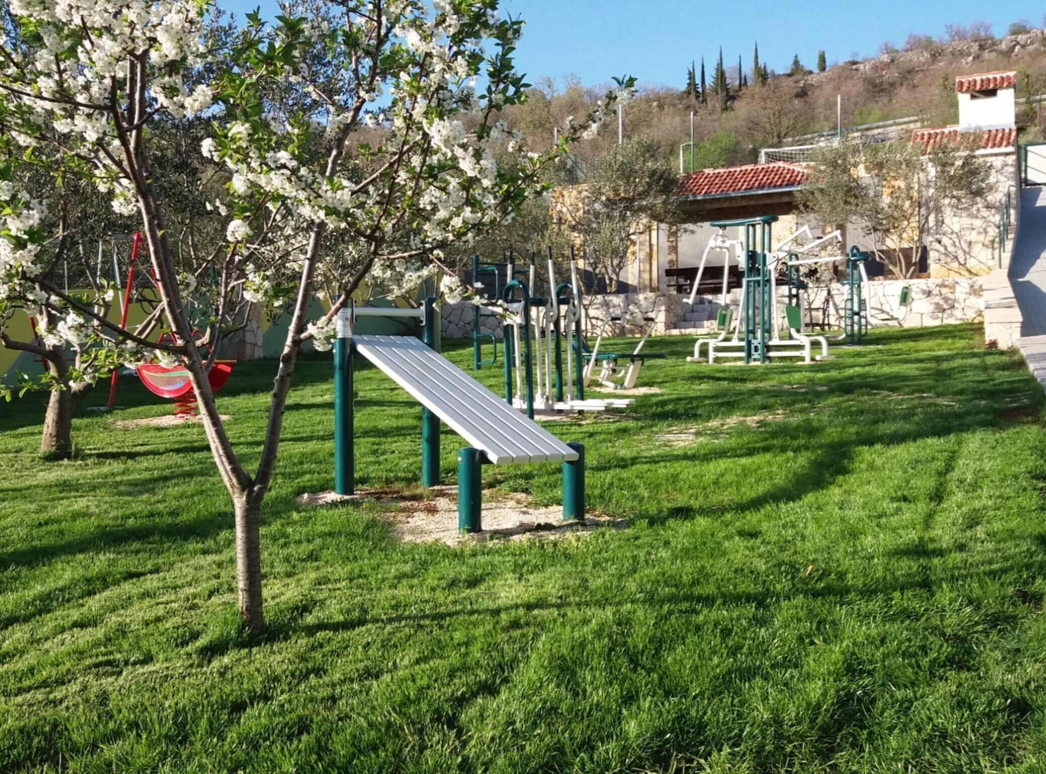 Un'area giochi con attrezzature da palestra, un piccolo albero e un muro di pietra sullo sfondo.