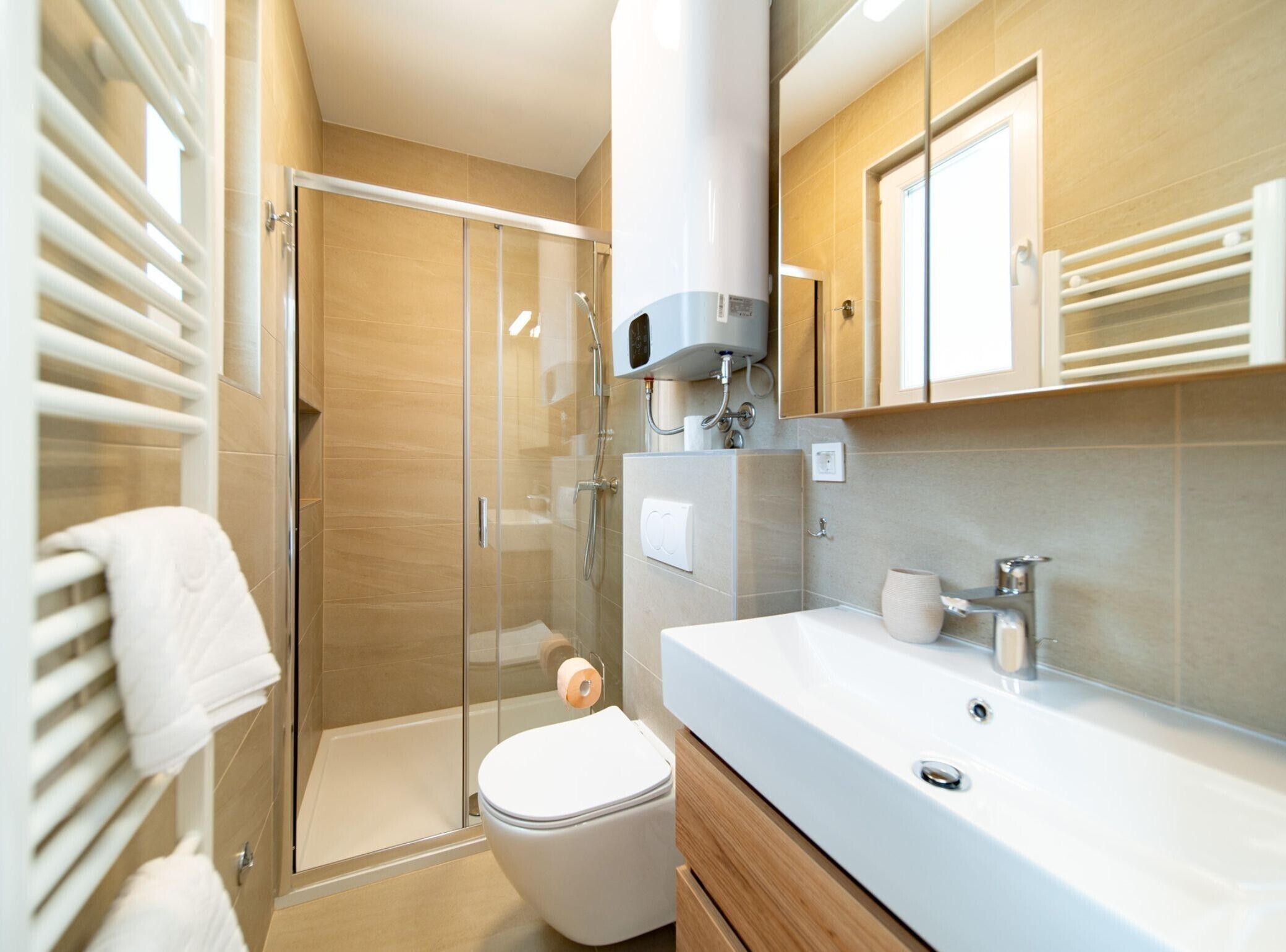Shower, hair dryer, towels
