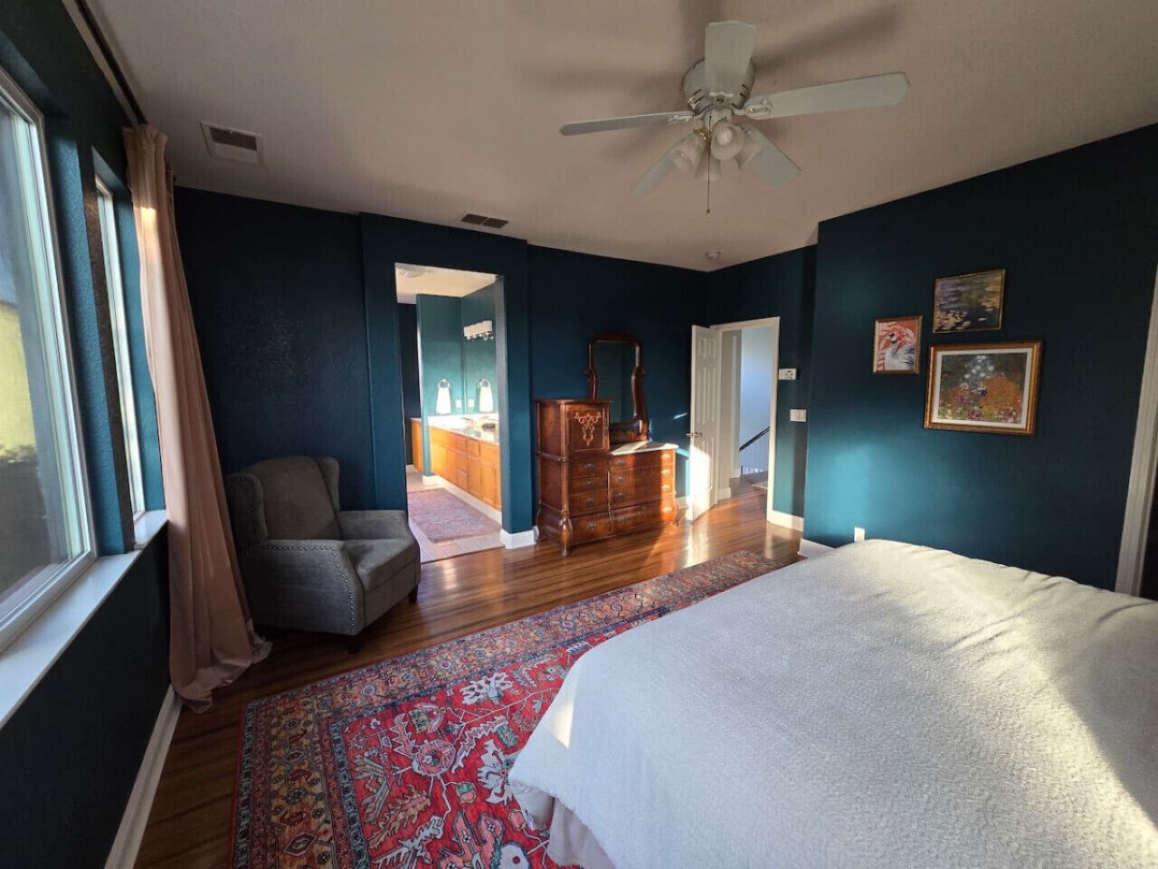Primary bedroom with king bed and high-end linens