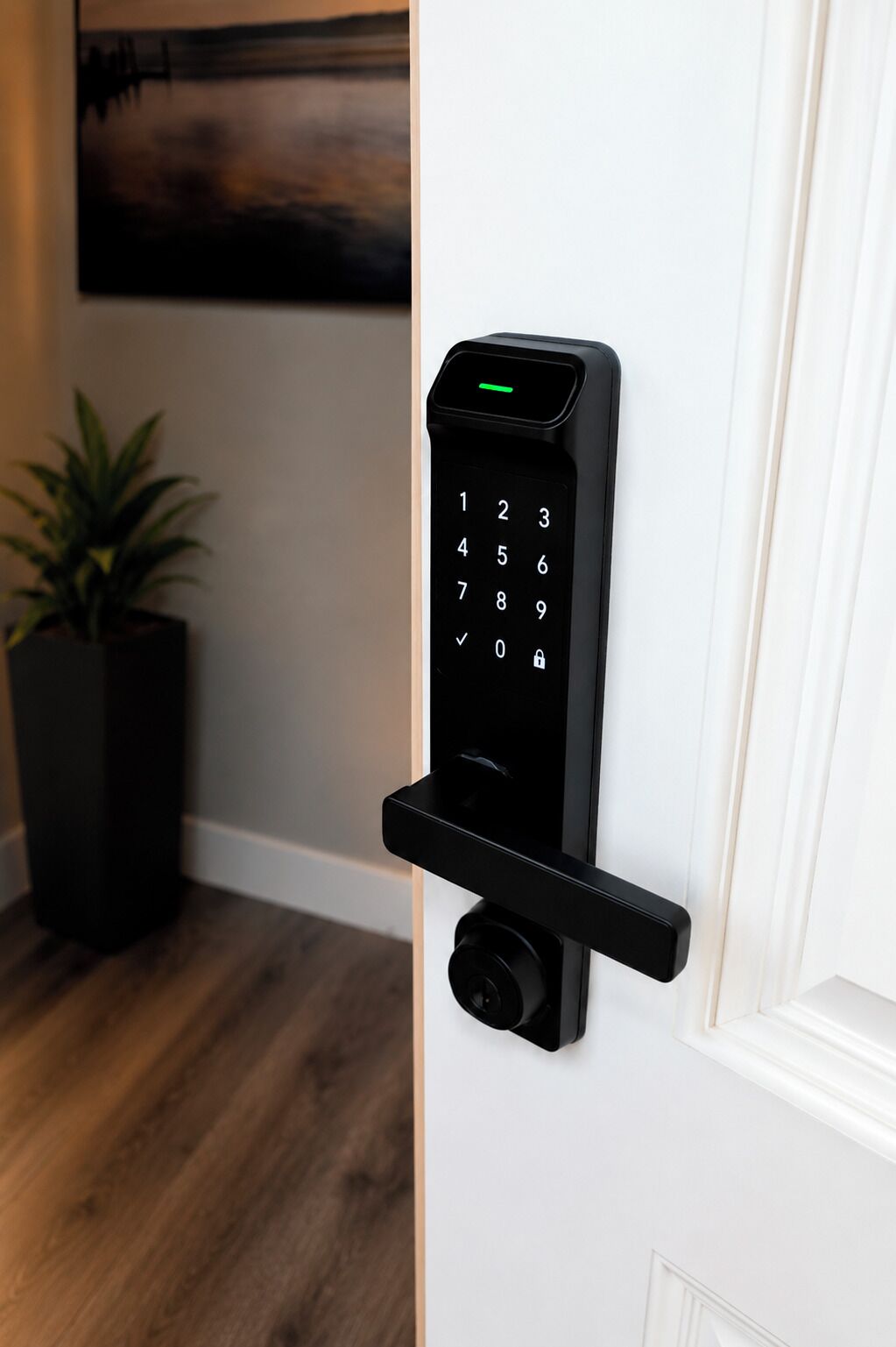 A modern door with a black electronic keypad lock.
