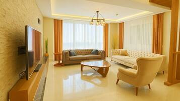 Een smart-tv, een open haard, boeken en een computerscherm