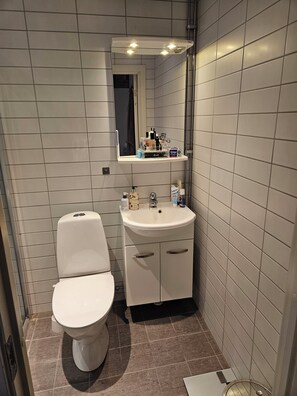 Dusj, håndklær, såpe og toalettpapir