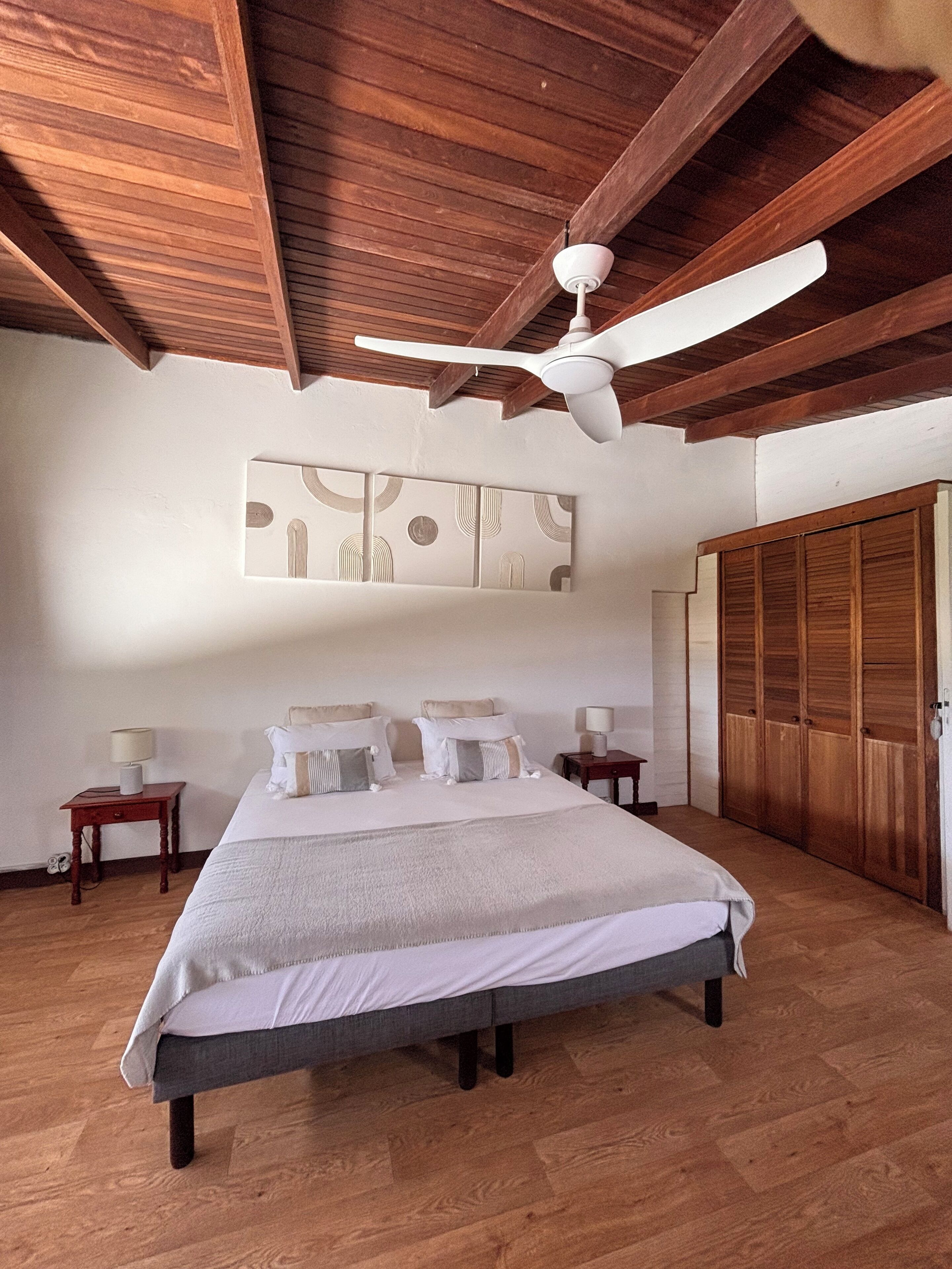 Une chambre à coucher avec un lit, des poutres en bois au plafond, un ventilateur de plafond, une œuvre d’art accrochée au mur, une table de chevet avec une lampe et une armoire en bois.