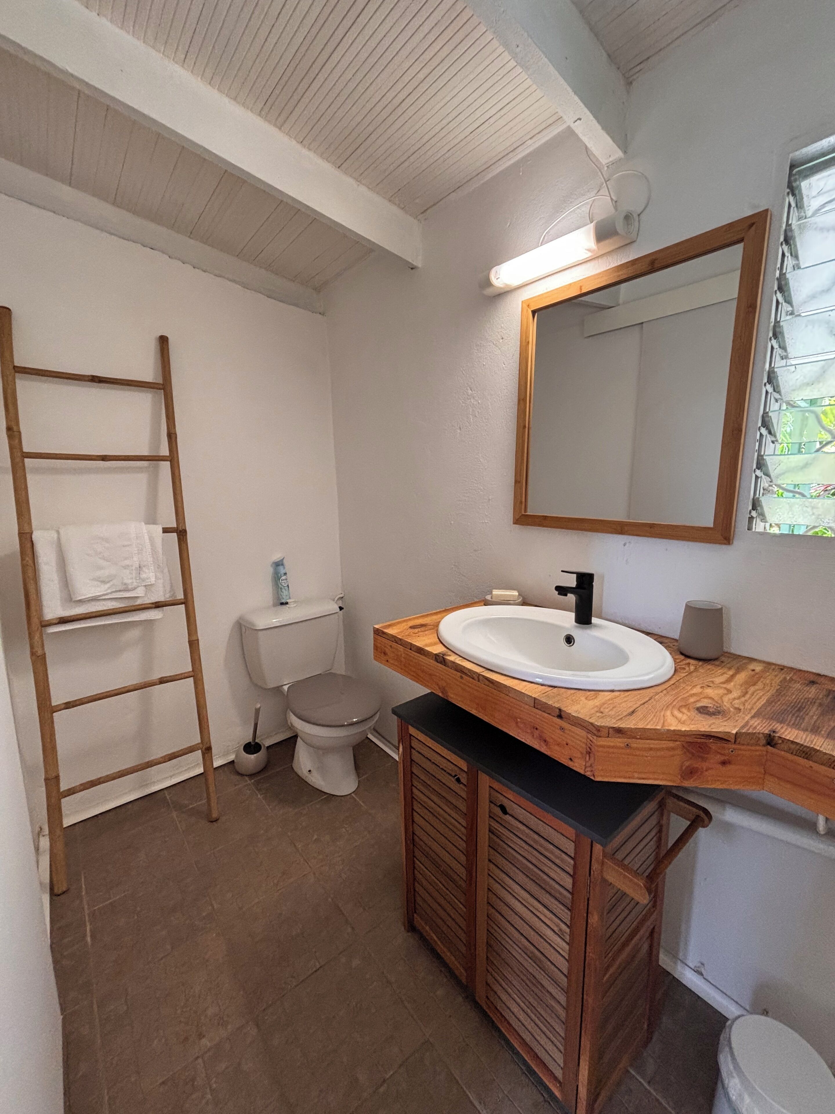 A bathroom with a wooden vanity, a toilet, a ladder, and a mirror.