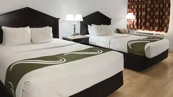 Desk, laptop workspace, blackout curtains, iron/ironing board