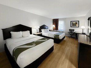 Desk, laptop workspace, blackout curtains, iron/ironing board