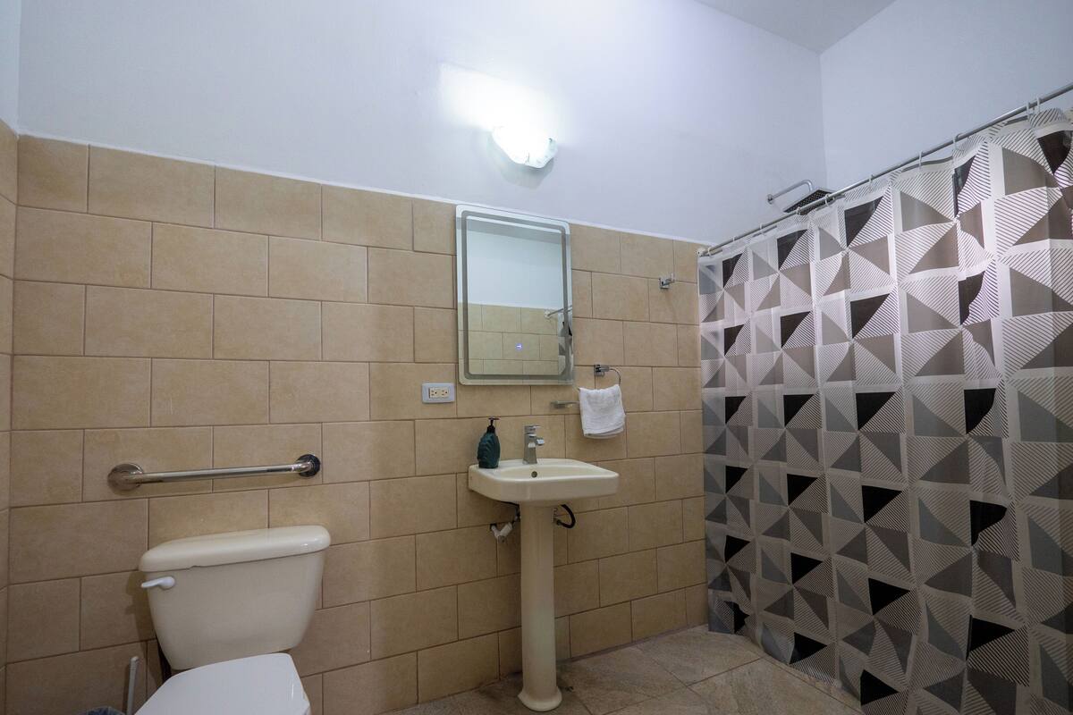 A bathroom with a toilet, sink, and shower.