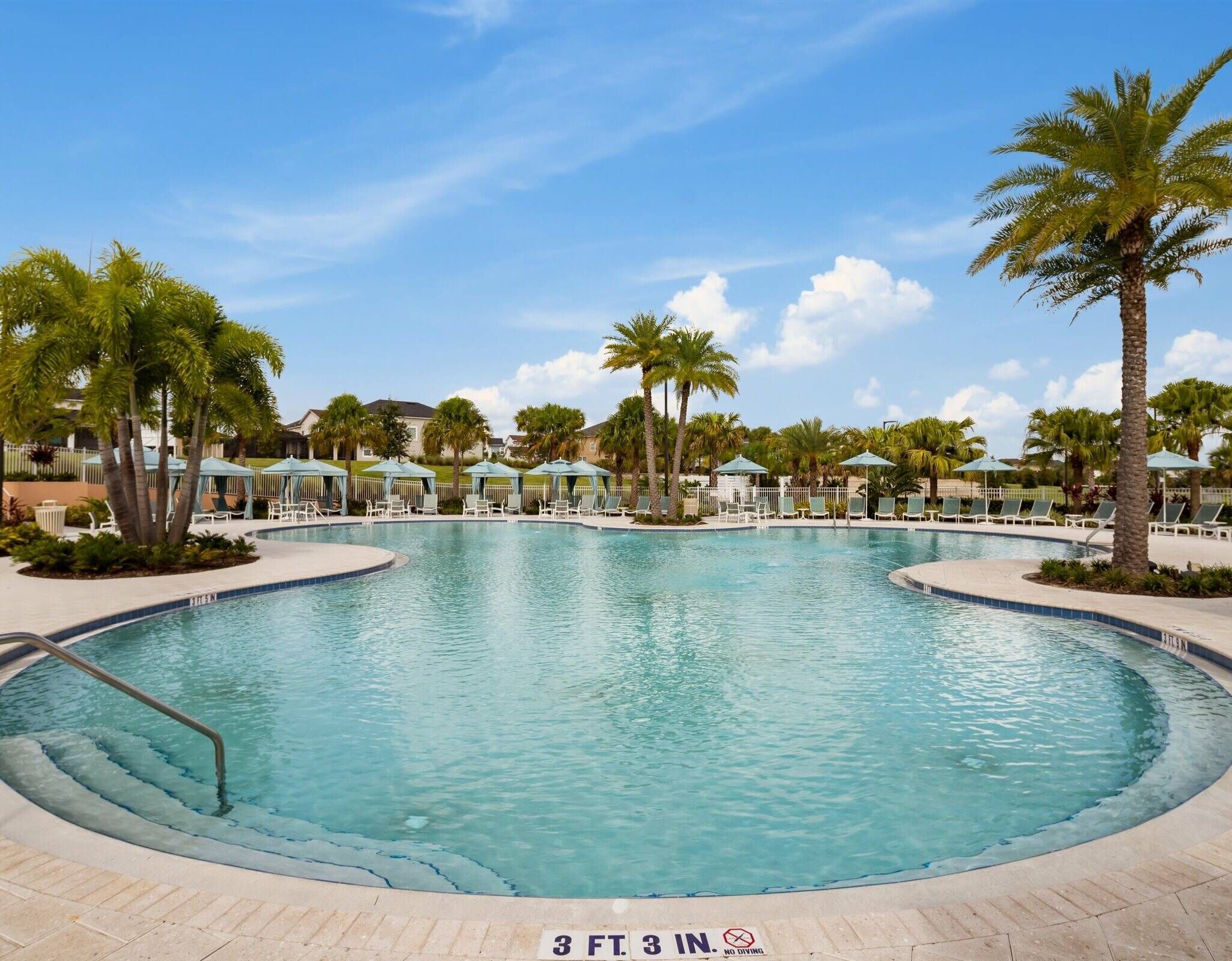 A large, clear swimming pool with lounge chairs and umbrellas, surrounded by palm trees and a clear sky.