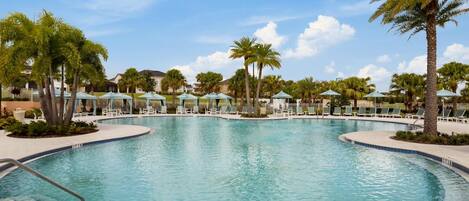 A large, clear swimming pool with lounge chairs and umbrellas, surrounded by palm trees and a clear sky.