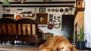 A dog lying on a tiled floor in a room with a wooden bench, a brick wall, and various wall decorations. - HOSTEL QUINTAL GUEST - Guarujá (Guarujá)