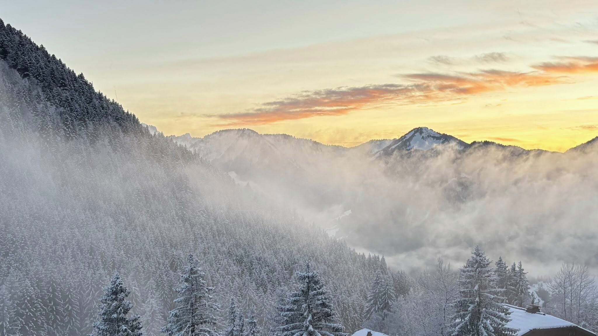 Eine Berglandschaft mit schneebedeckten Bäumen und aufgehendem oder untergehender Sonnenuntergang im Hintergrund.