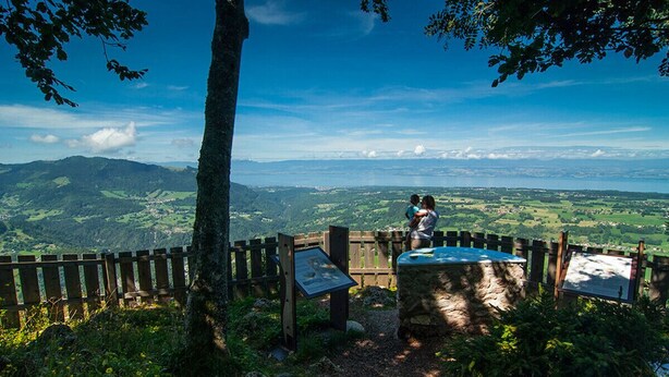 Um mirante com vista panorâmica, com cerca de madeira, banco de pedra e placas informativas.