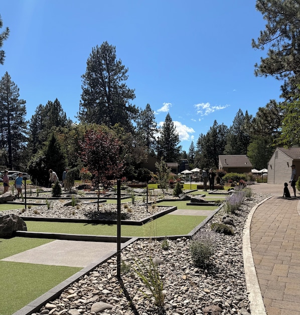 A landscaped garden with pathways, a small pond, and various trees.