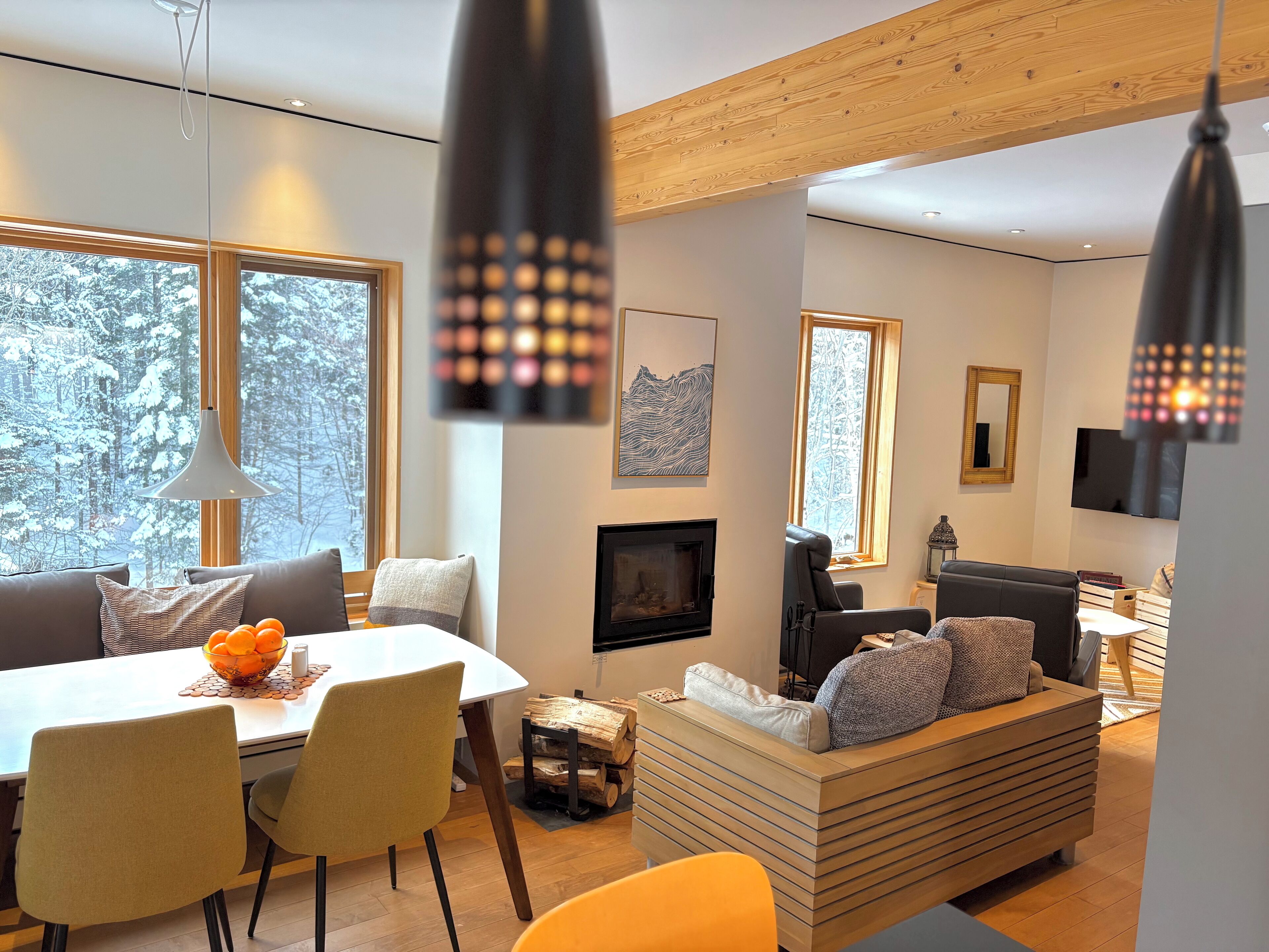 TV connectée, cheminée, livres