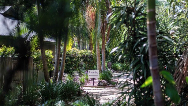 A pathway leading to a building with a 'Laundry' sign, surrounded by lush greenery and palm trees.
