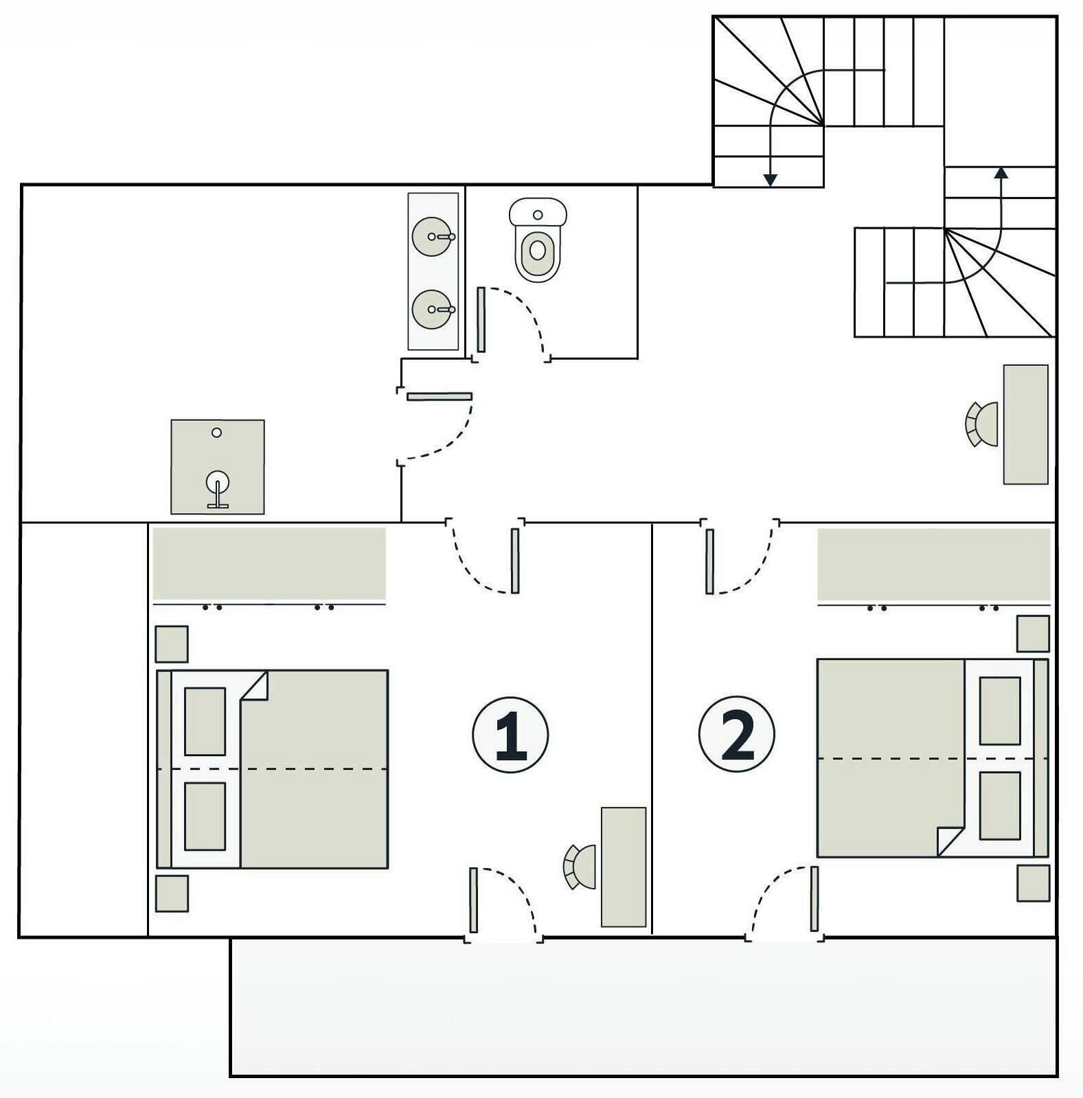 Plano de planta de un hotel con dos dormitorios, un baño, una cocina y un comedor.