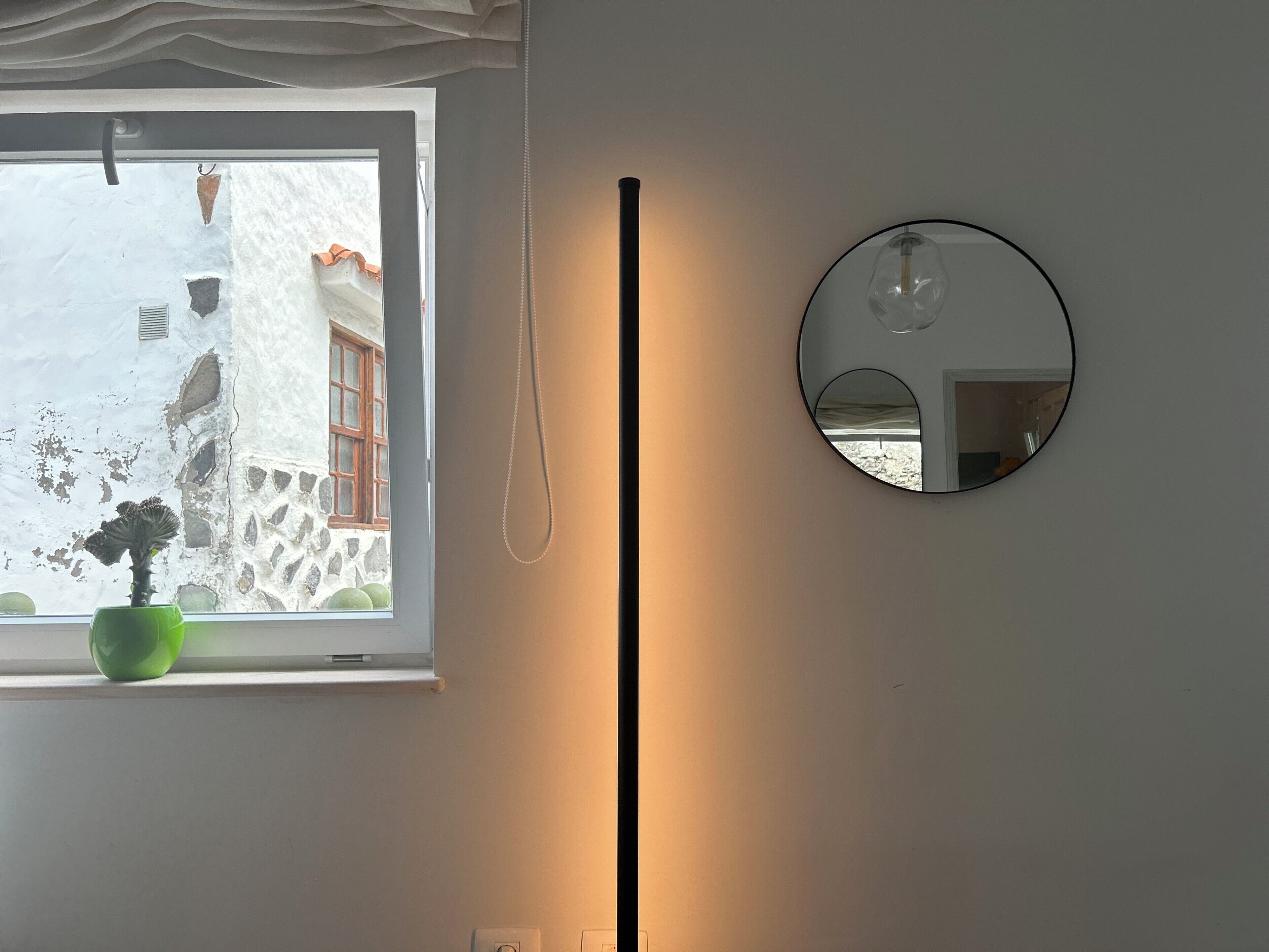 A room with a window, a potted plant, a wall-mounted mirror, and a floor lamp.