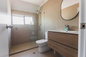Et moderne badeværelse med en glasvæg omkring bruseniche, toilet og et spejl med vaskemøbel.